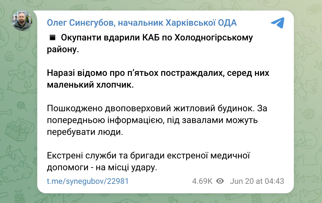 Скриншот сообщения Олега Синегубова в Telegram.