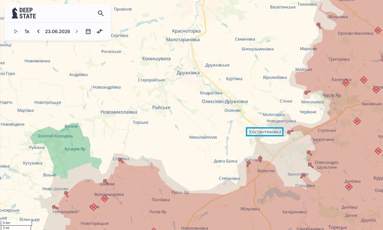 Мапа бойових дій, схід України, Костянтинівка.