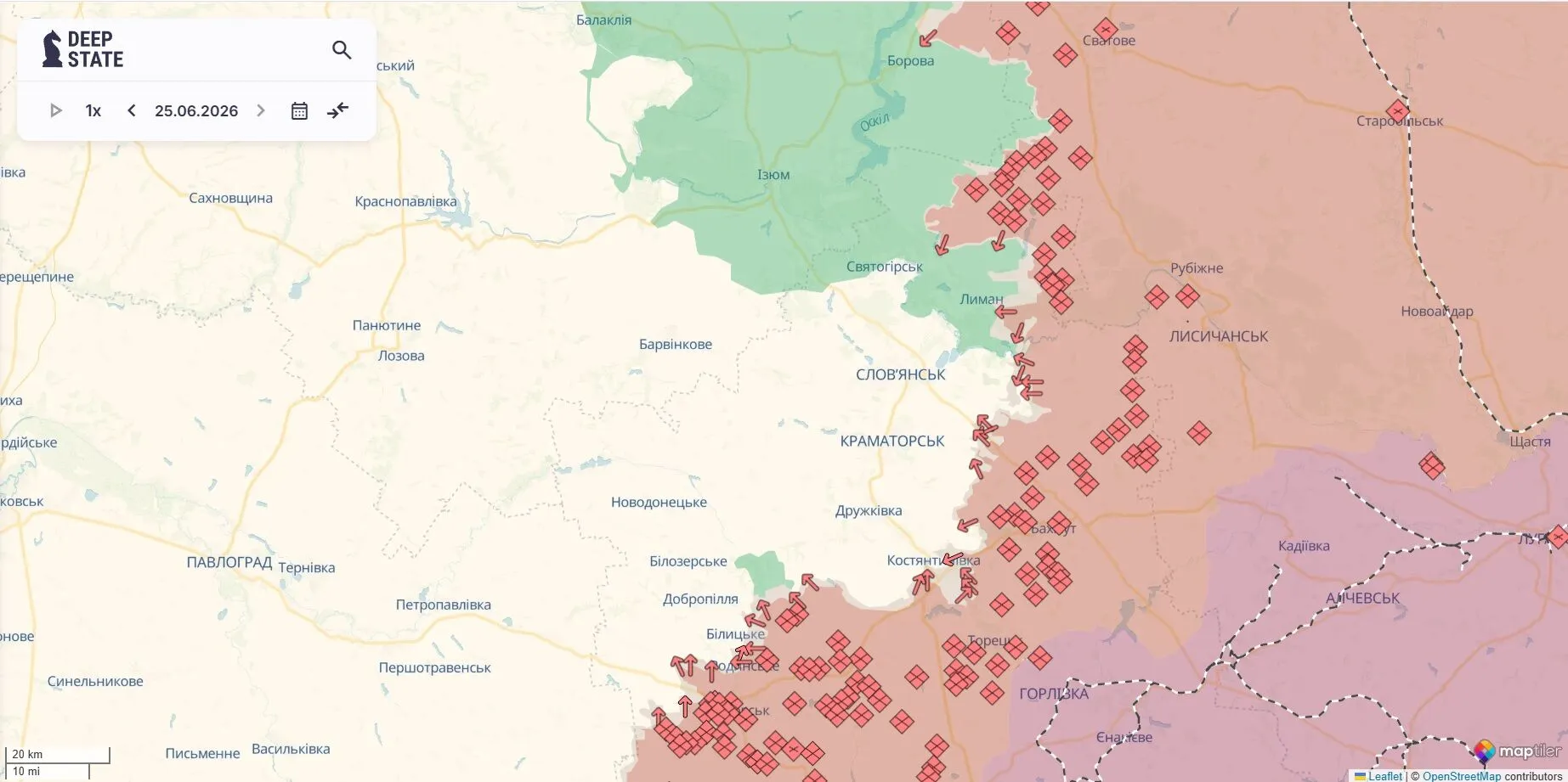 Карта боевых действий, восток Украины.