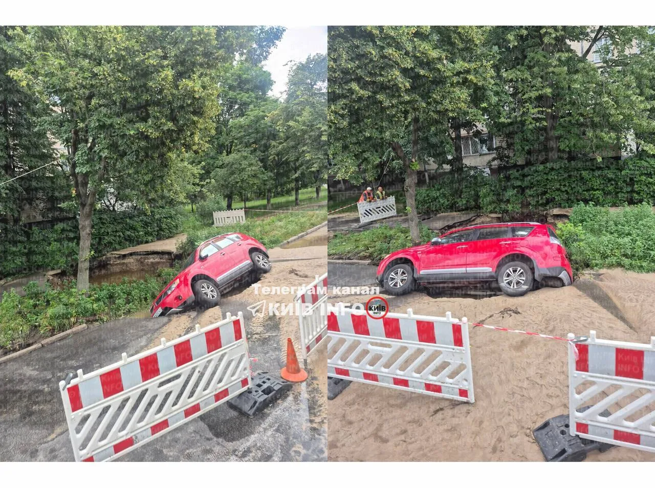 Автомобиль в результате размыва грунта «перевернулся» на бок и провалился в яму.