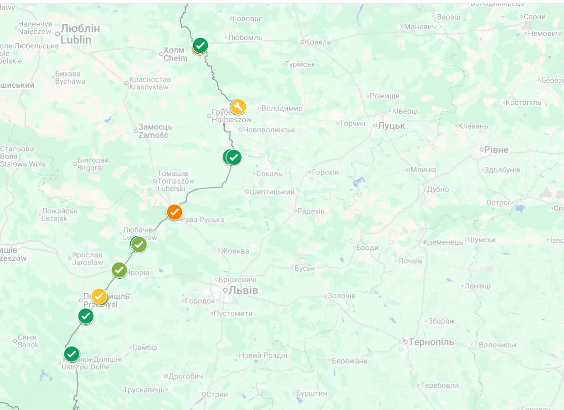 Официальная карта загруженности пунктов пропуска на границе с Польшей