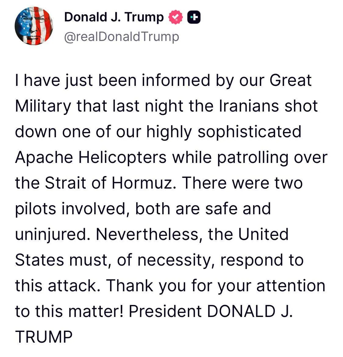 Іран збив американський військовий вертоліт над Ормузькою протокою: Трамп пообіцяв відповісти