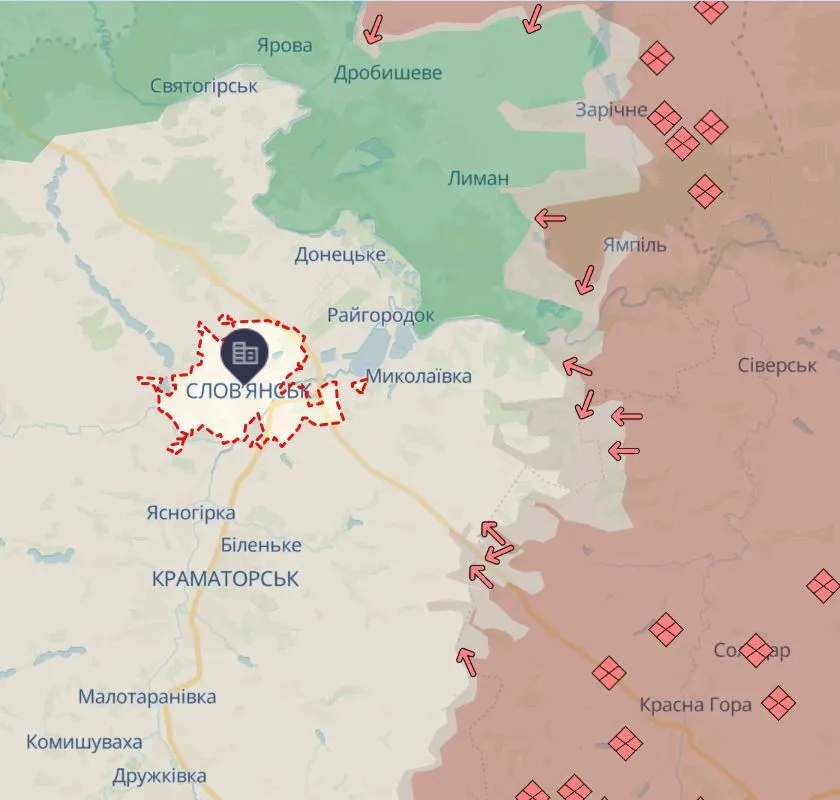 Славянск на карте боевых действий.