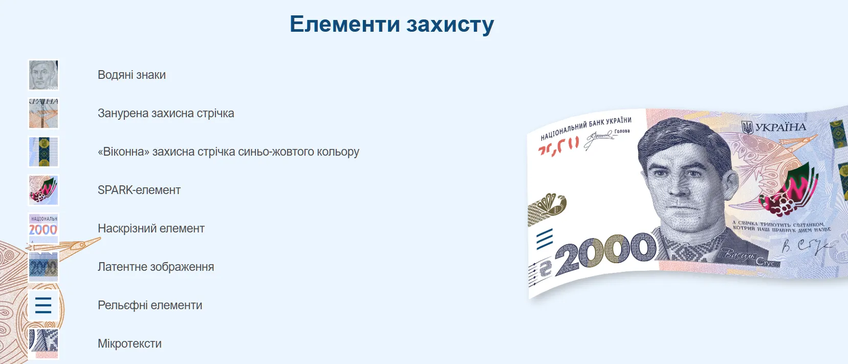 Який вигляд мають елементи захисту банкноти 2000 грн