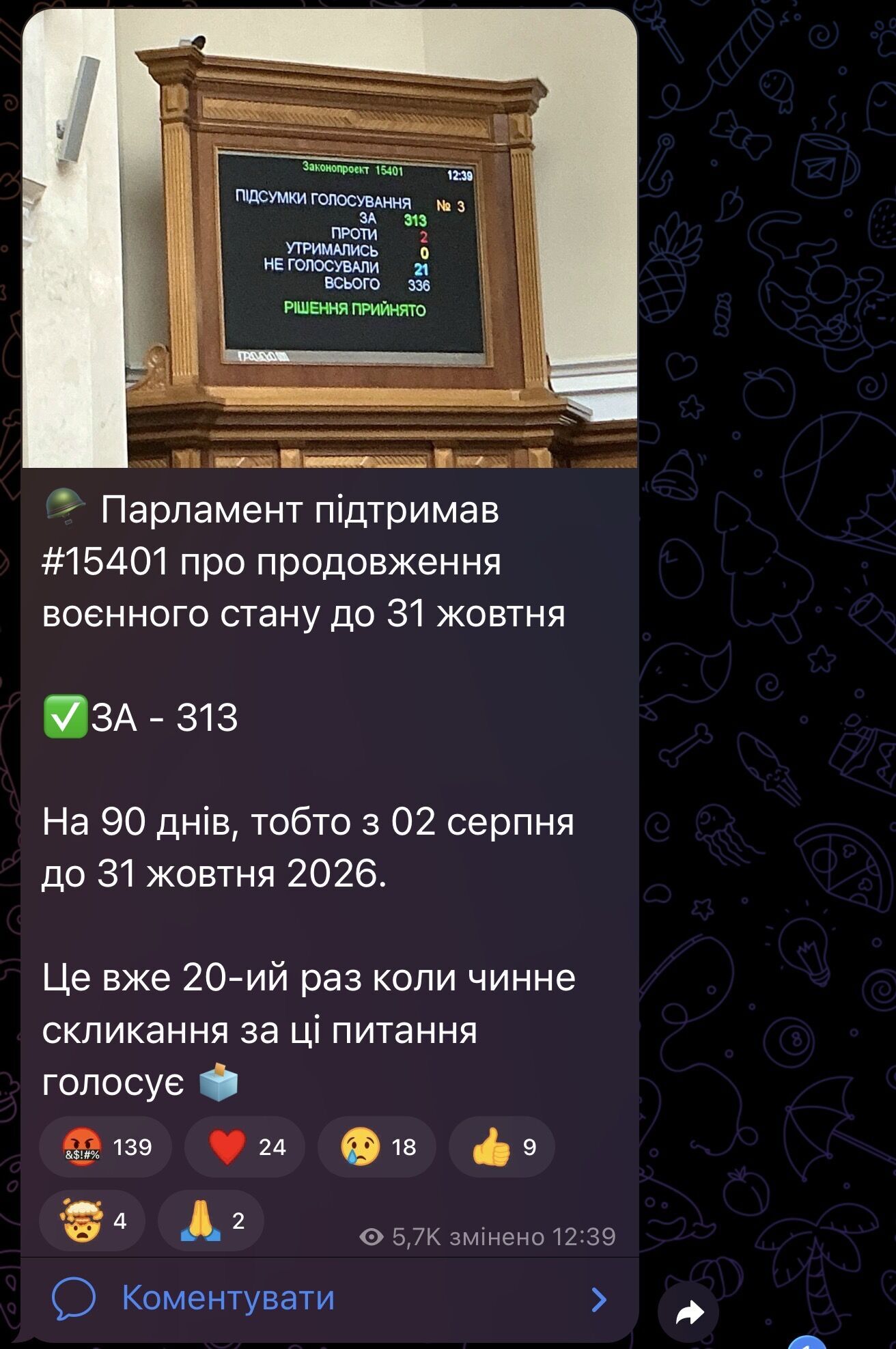 Воєнний стан продовжено ще на 90 днів.