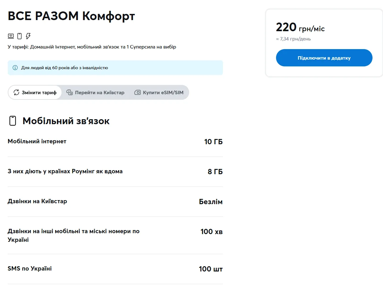 Тариф "ВСЕ РАЗОМ Комфорт"