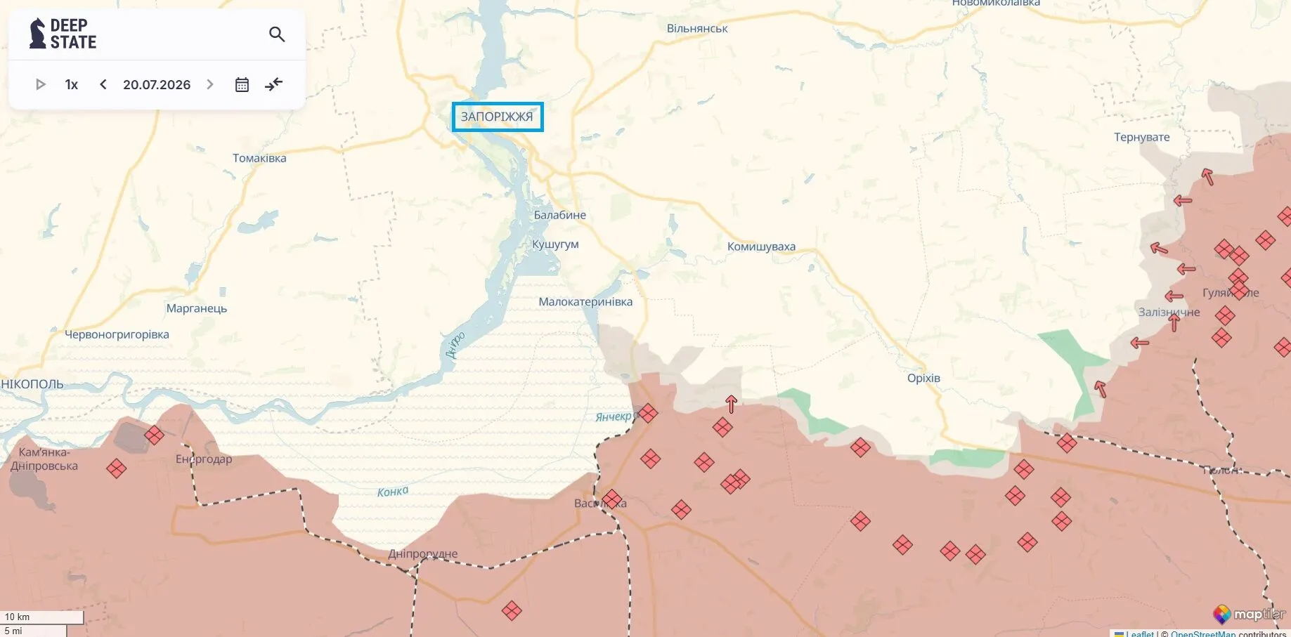 Карта боевых действий, юг материковой Украины, Запорожье.