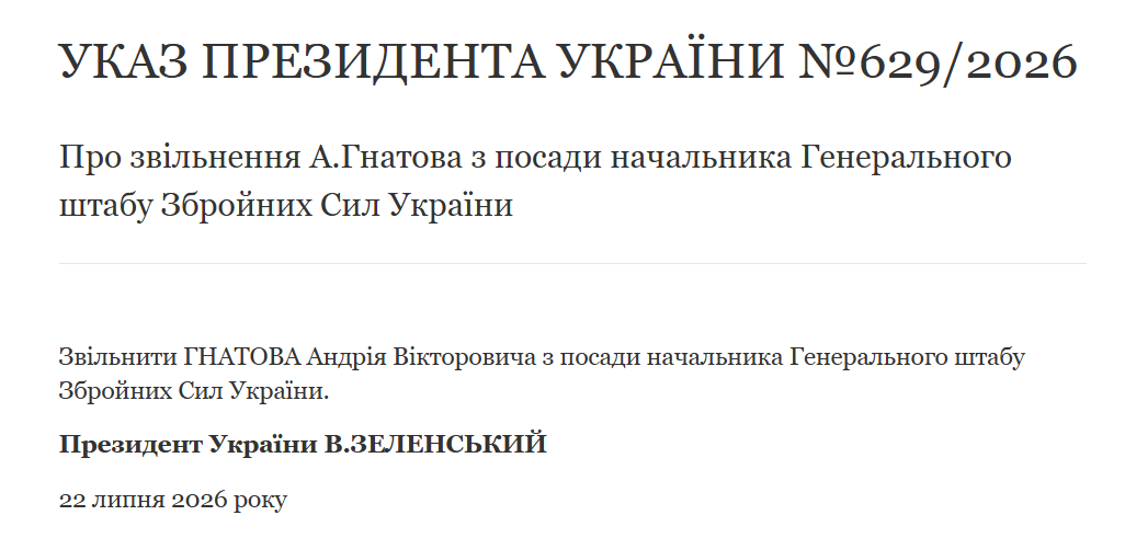 Указ об увольнении Андрея Гнатова.