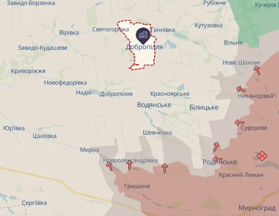 Доброполье на карте боевых действий.