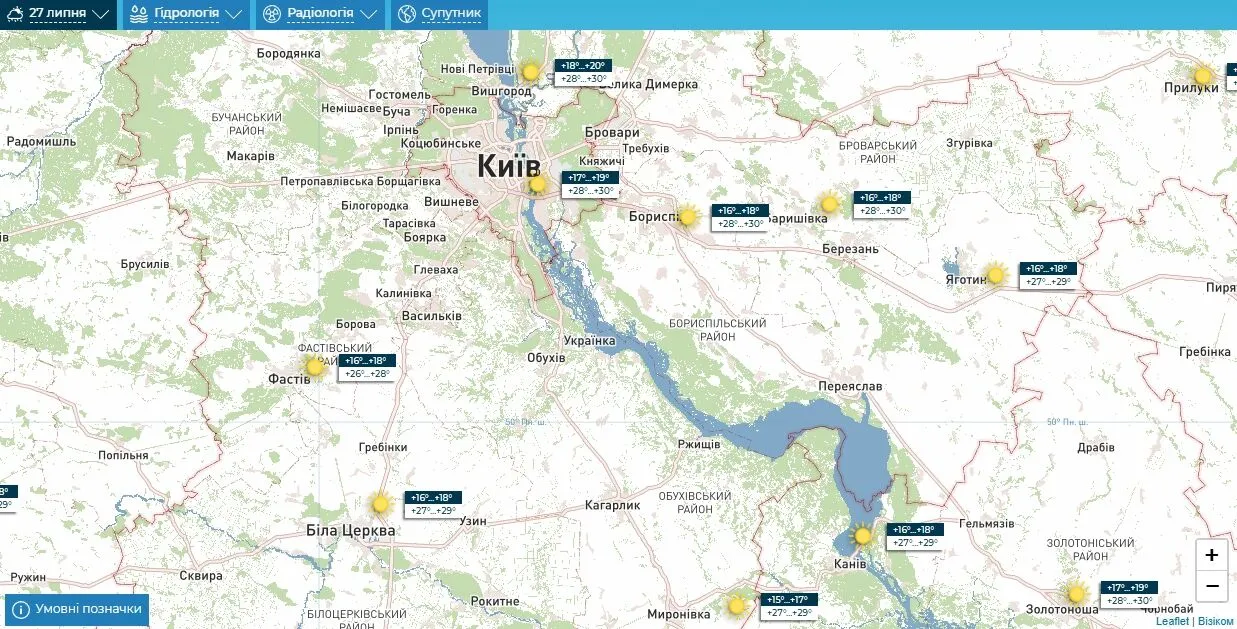 Прогноз погоди по Київщині на 27 липня.