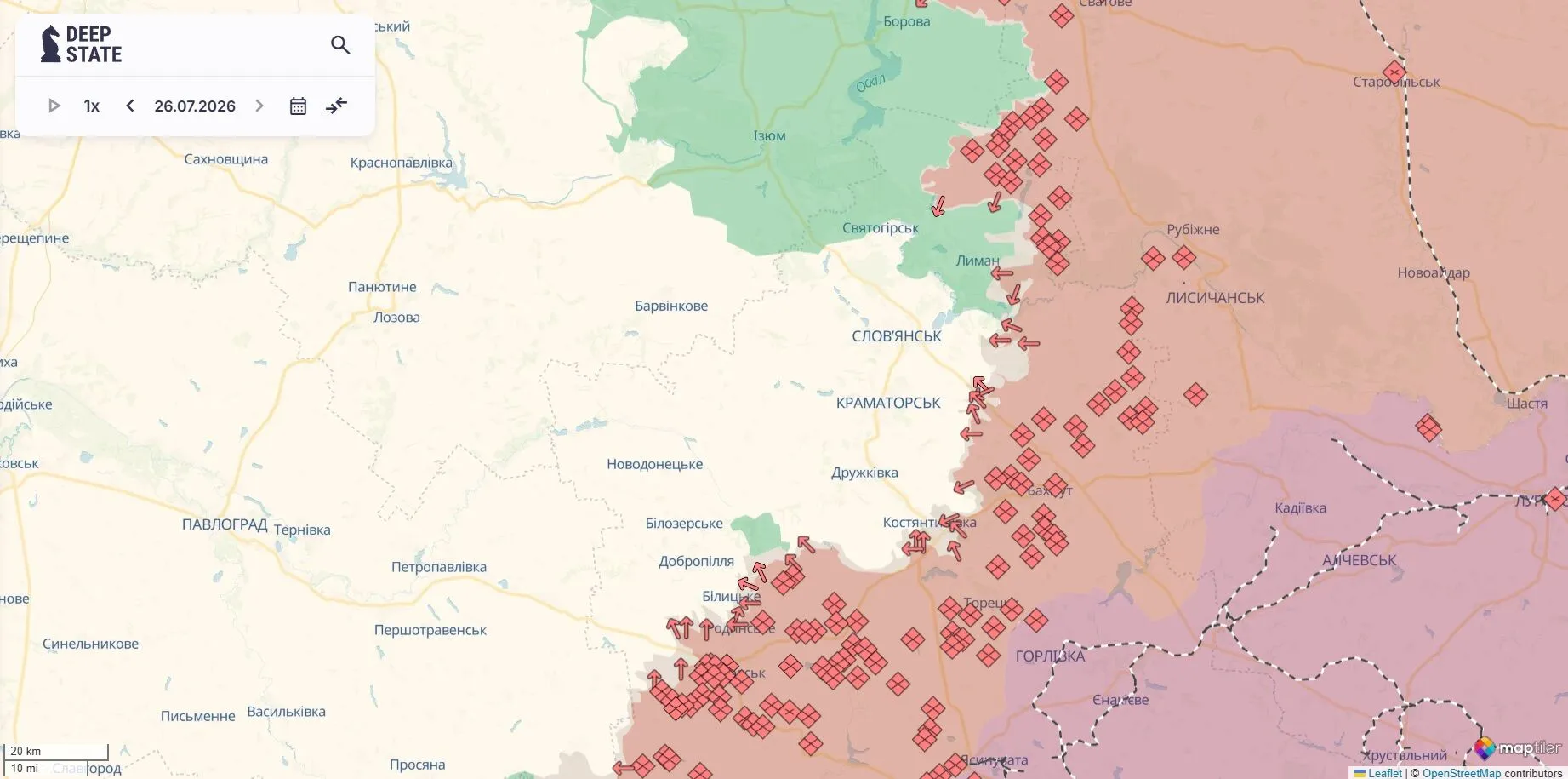 Карта боевых действий, восток Украины.
