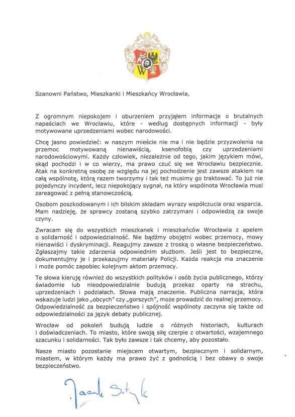 Мэр Вроцлава Яцек Сутрик отреагировал на инцидент.
