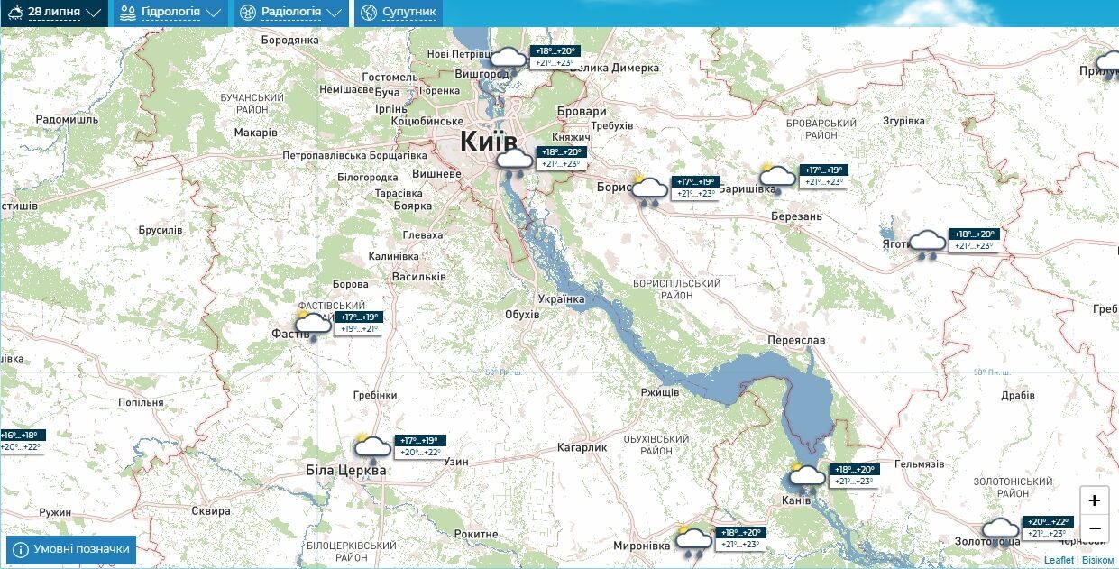 Прогноз погоды по Киевской области на 28 июля.