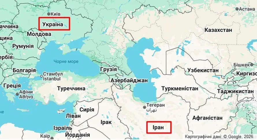 Украина и Иран на карте