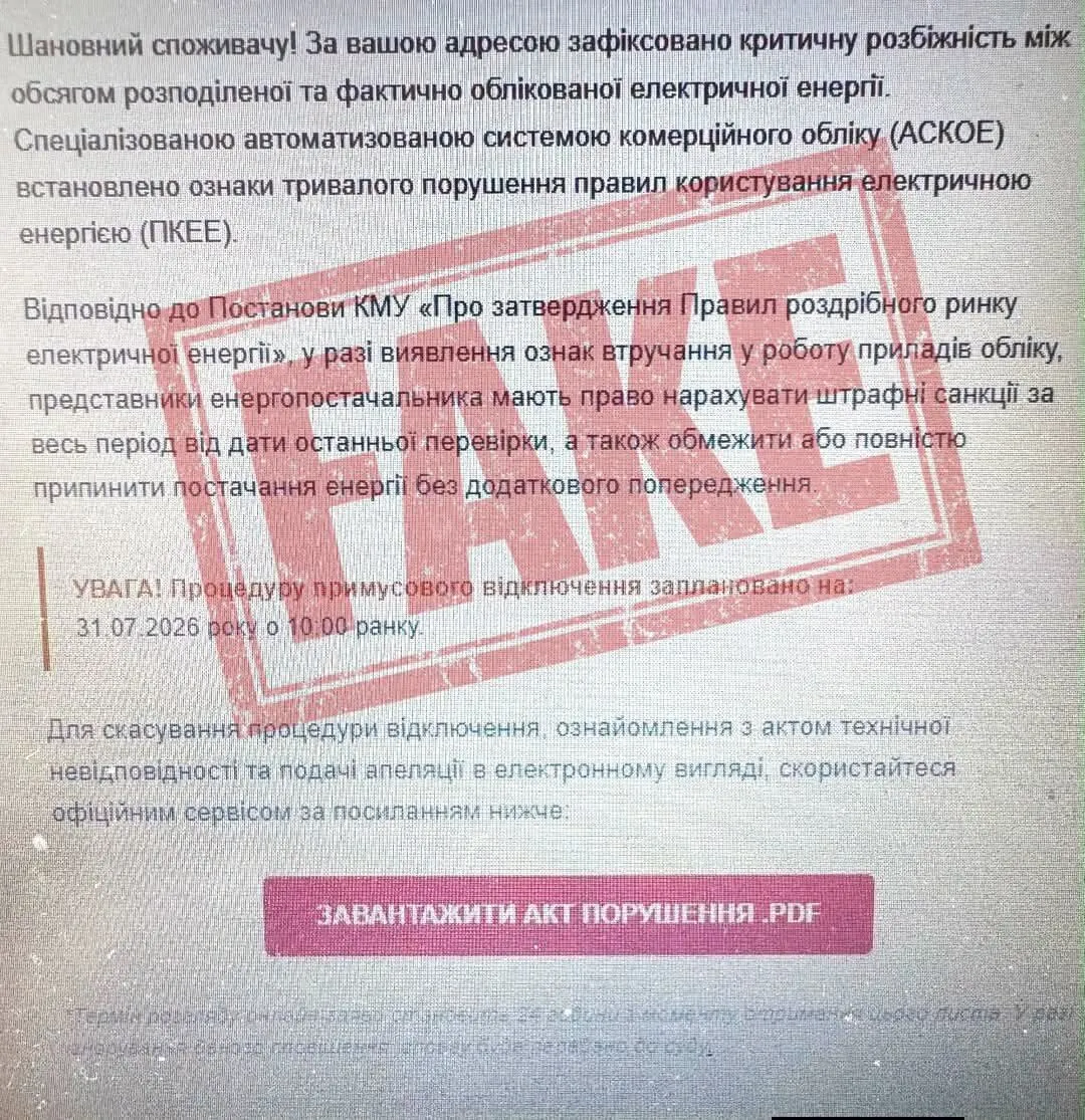 Письмо о якобы отключении света с 31 июля 2026 года