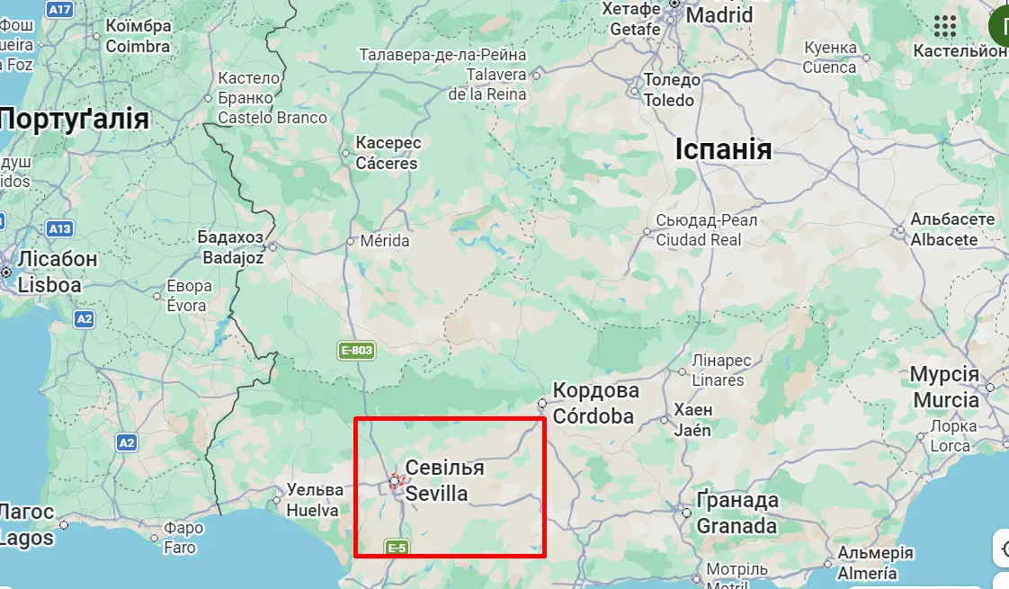 Севилья на карте Испании.