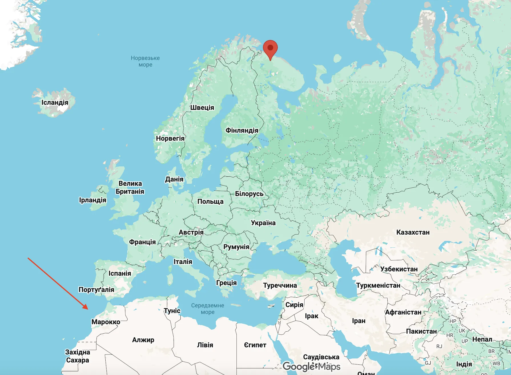 Мурманск и Марокко на карте.