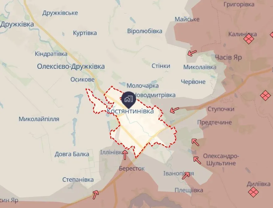 Костянтинівка на мапі бойових дій.