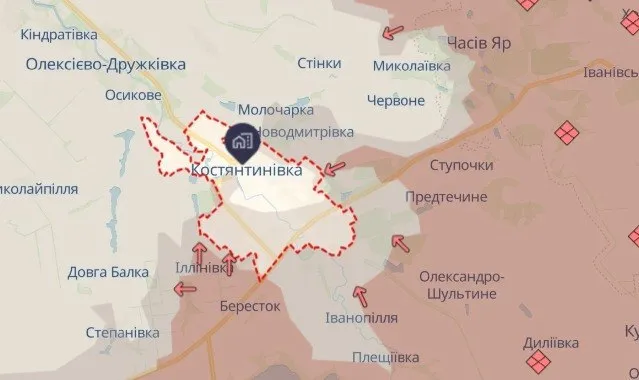 Константиновка на карте боевых действий по состоянию на 5 июля
