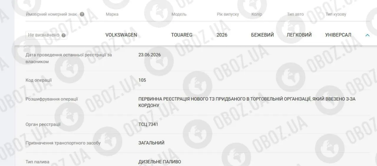 Автомобиль был впервые зарегистрирован на имя Анны Тринчер 23 июня 2026 года