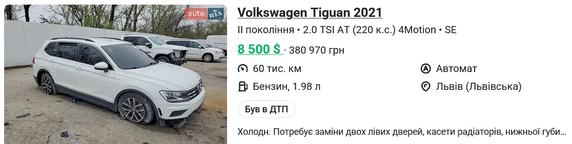 Скільки коштує вживаний VOLKSWAGEN Tiguan