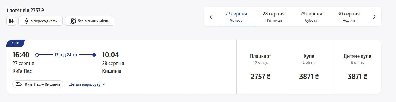 Вартість квитків на поїзд Київ - Кишинів