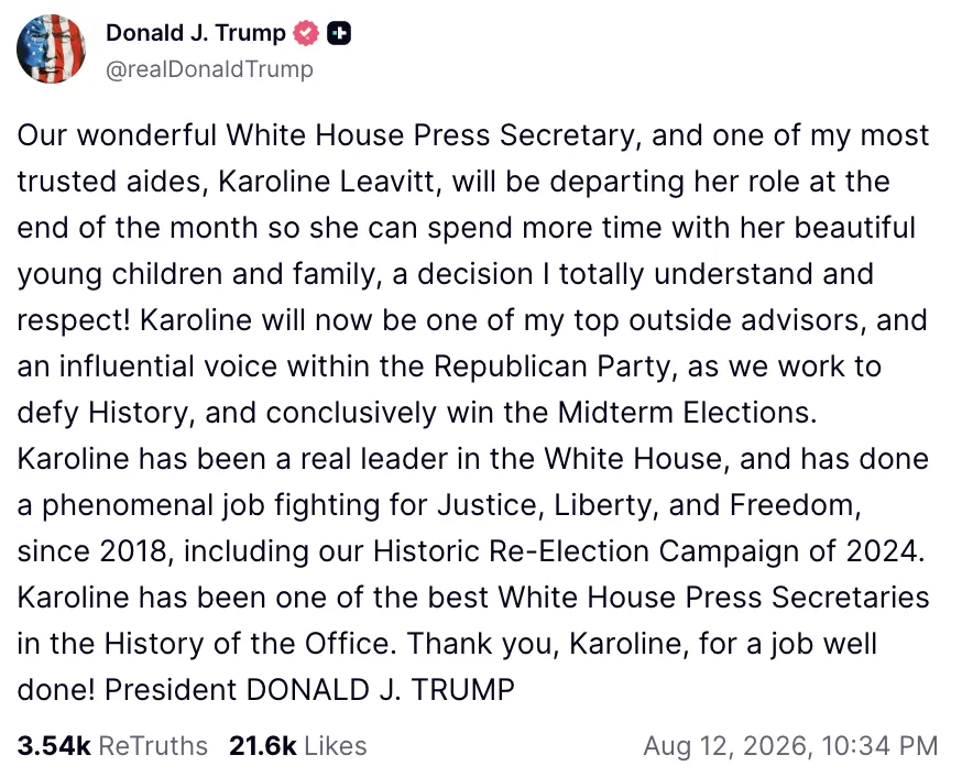 Скриншот поста Дональда Трампа в Truth Social.