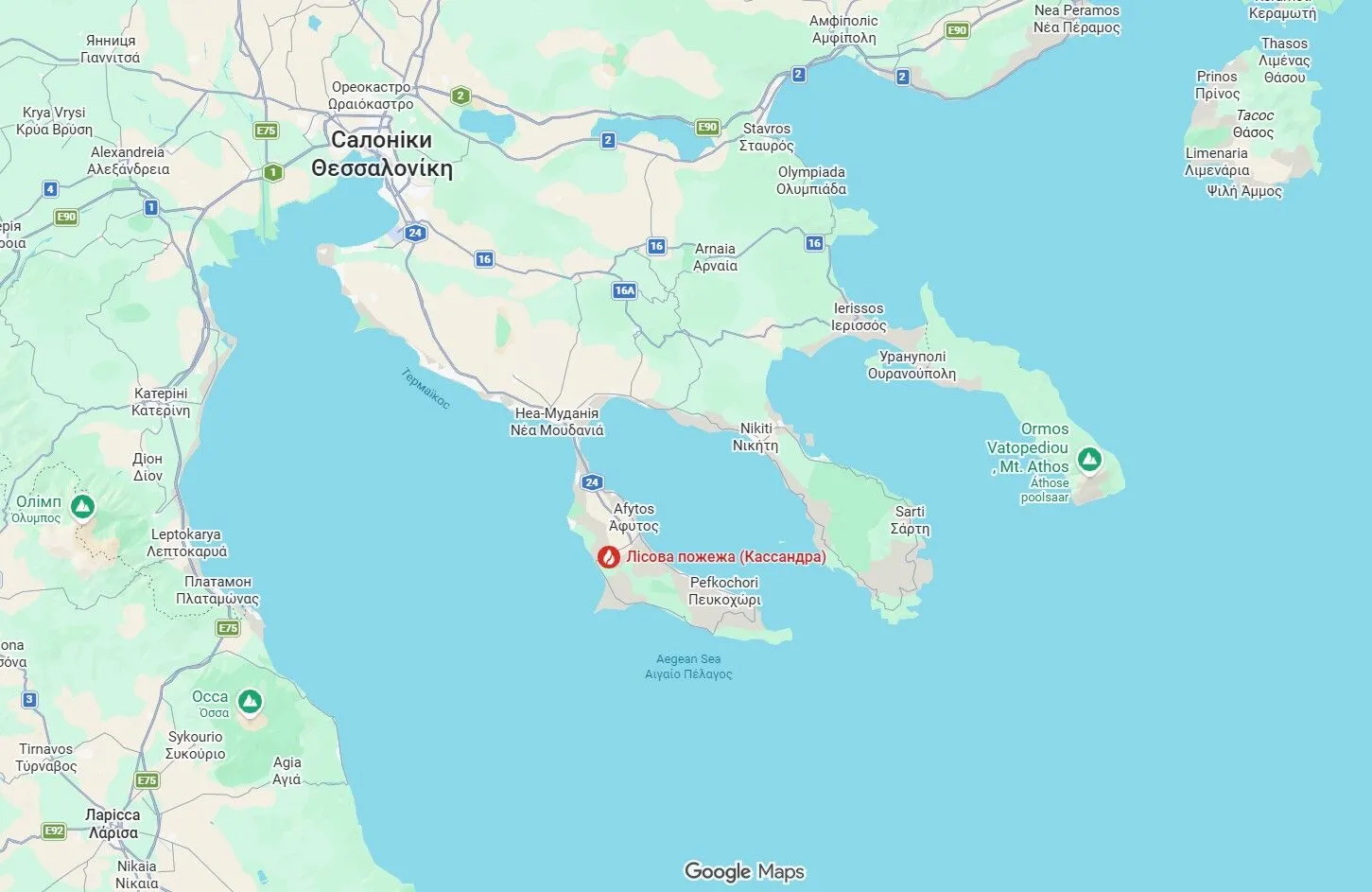 Лісові пожежі в Греції на півострові Халкідіки