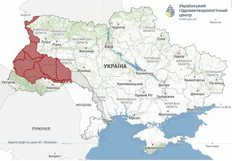 Карта Украины, на которой обозначены области, где возможны стихийные гидрологические явления.