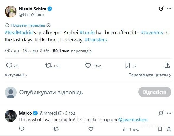 Андрей Лунин может перейти в Ювентус