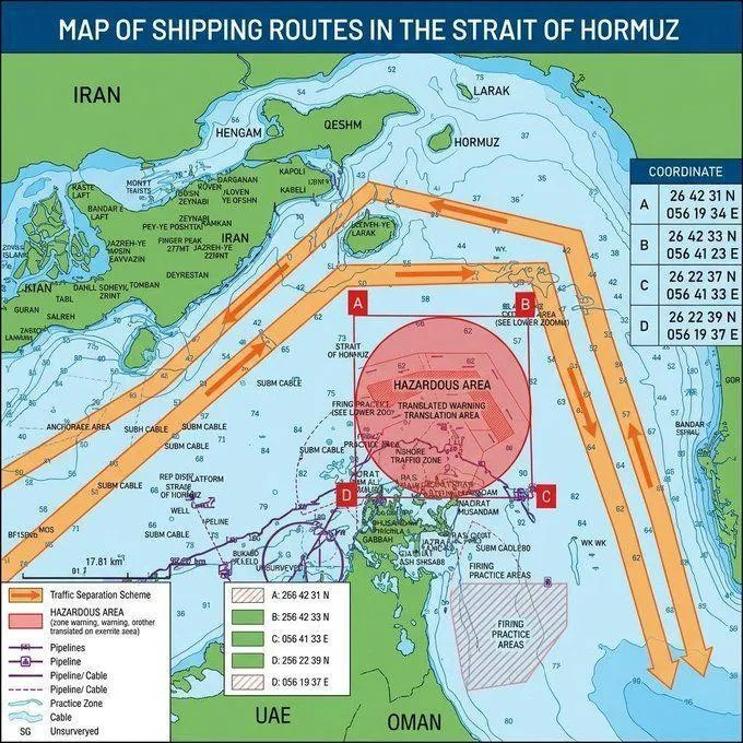 Карта судоходных маршрутов в Ормузском проливе: стрелками показана схема разделения движения судов.