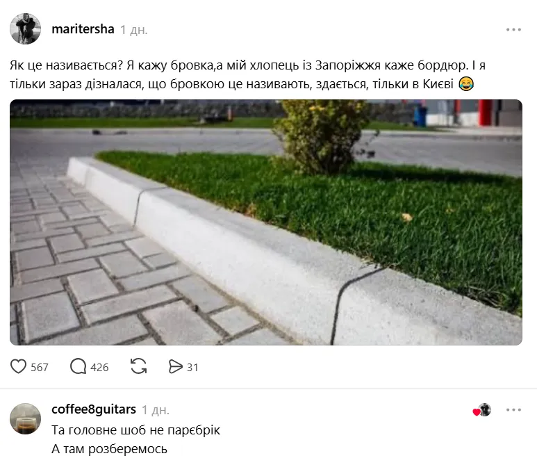 В Threads решили выяснить, как правильно называть на украинском языке ограждение тротуара — бордюр, бровка или поребрик.