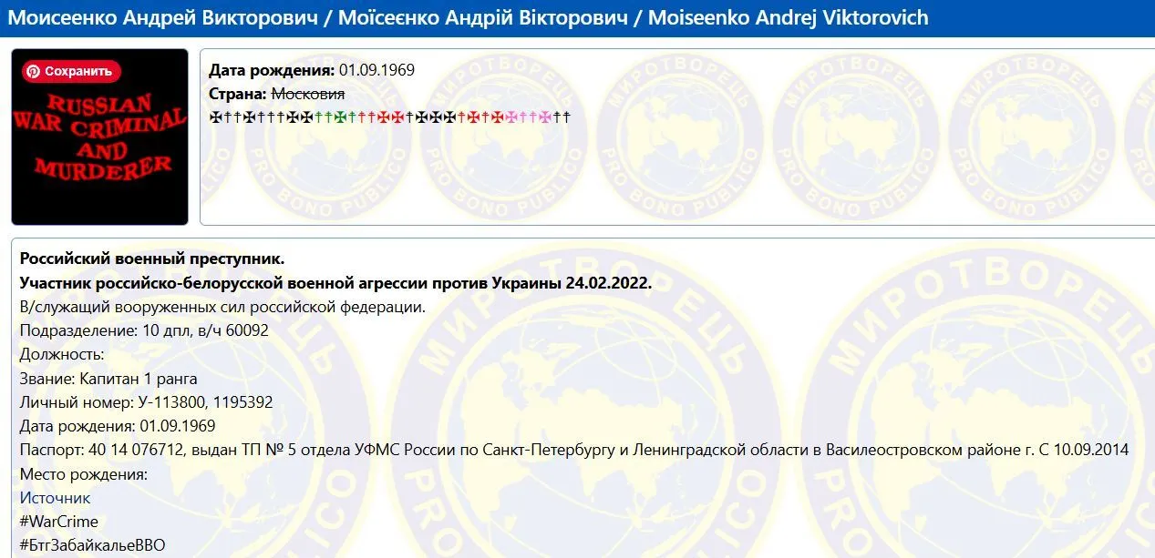 Данные о Моисеенко.