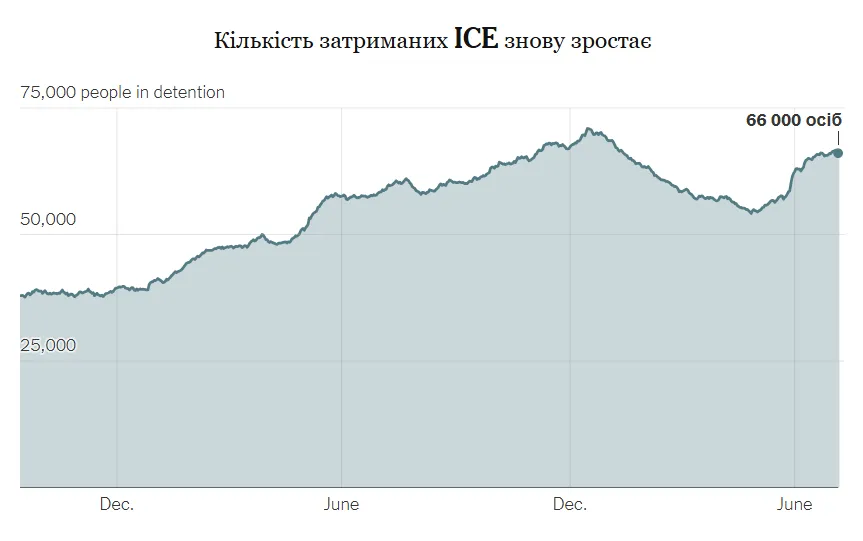 На графике показано количество лиц, ежедневно находящихся под стражей в ICE
