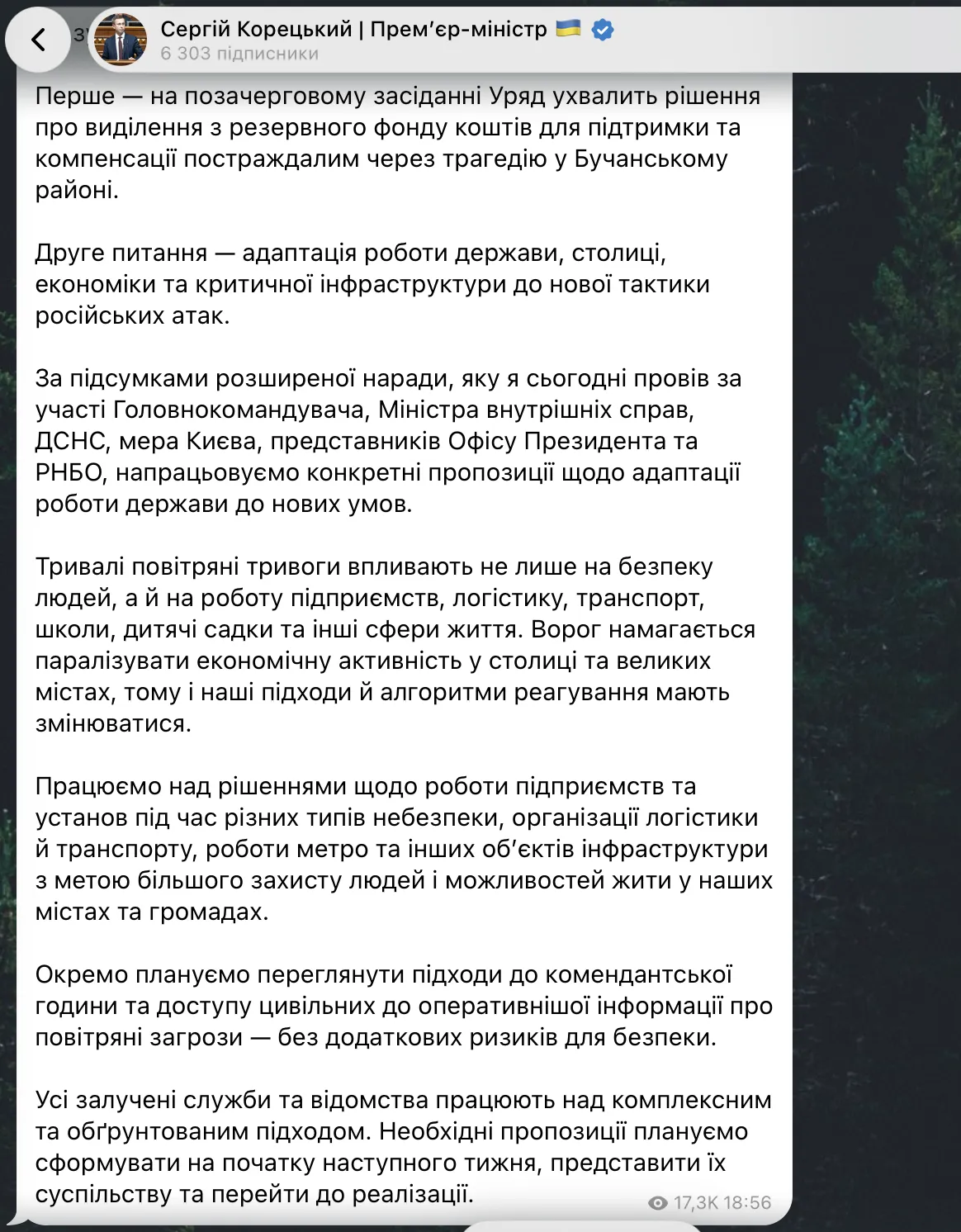Скриншот сообщения Сергея Корецкого в Telegram.