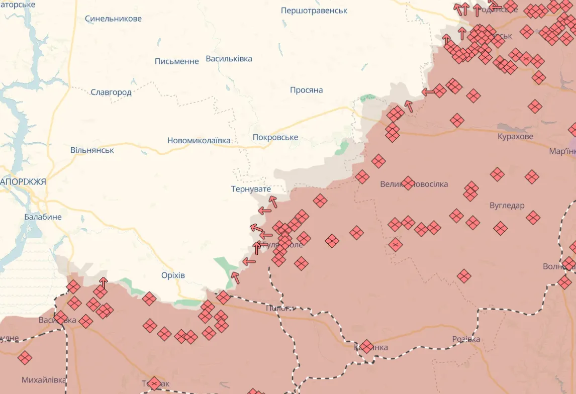 Мапа бойових дій в Україні. Гуляйпільський та Оріхівський напрямки.