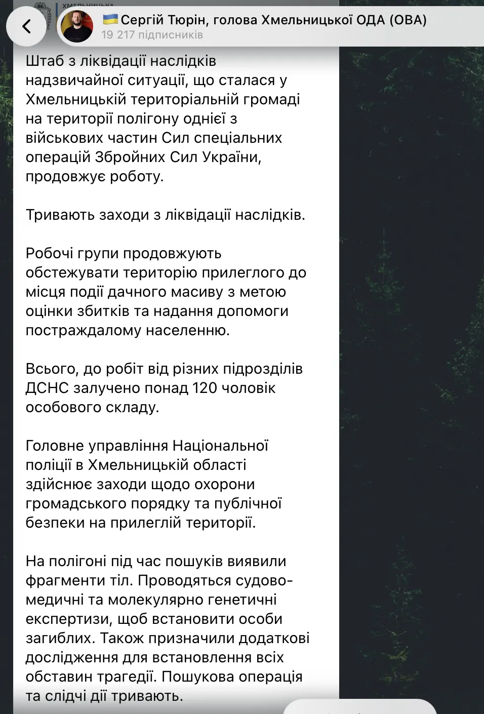 Скриншот сообщения Сергея Тюрина в Telegram.
