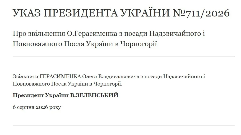 Про звільнення О.Герасименка з посади Надзвичайного і Повноважного Посла України в Чорногорії