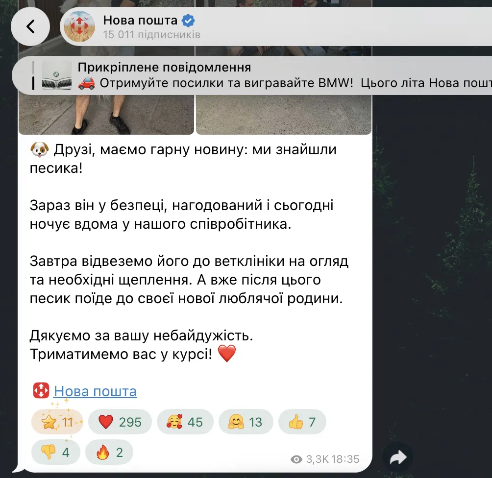 Скриншот повідомлення "Нової пошти" у Telegram.