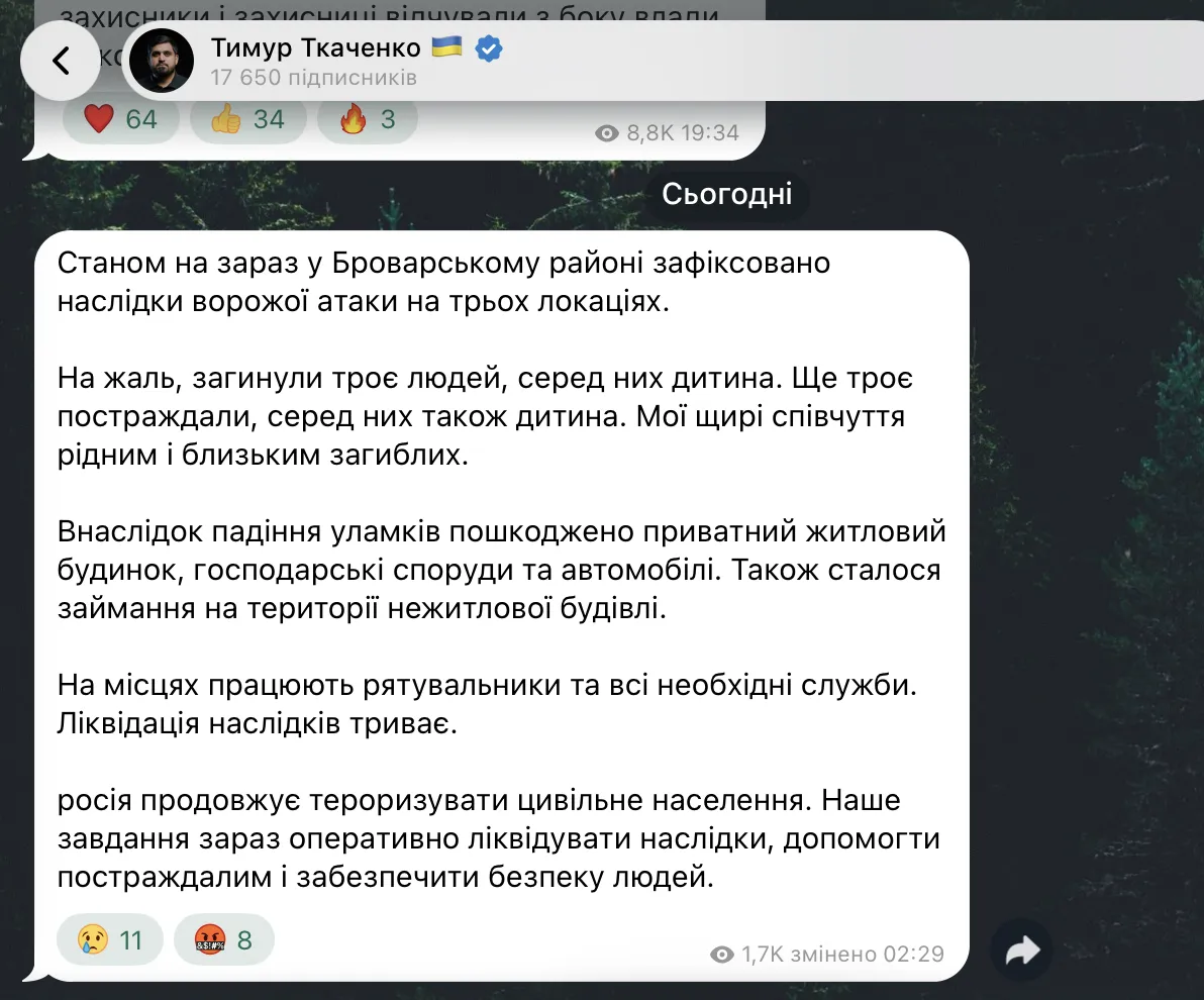 Скриншот сообщения Тимура Ткаченко в Telegram.