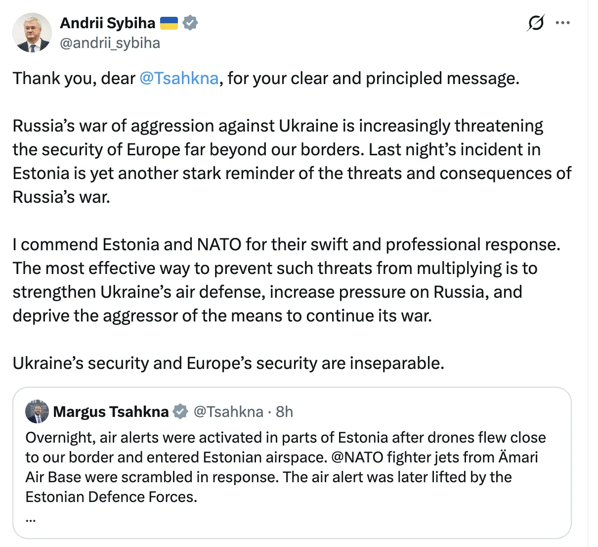 Андрей Сибига отреагировал на инцидент с украинскими дронами в Эстонии.