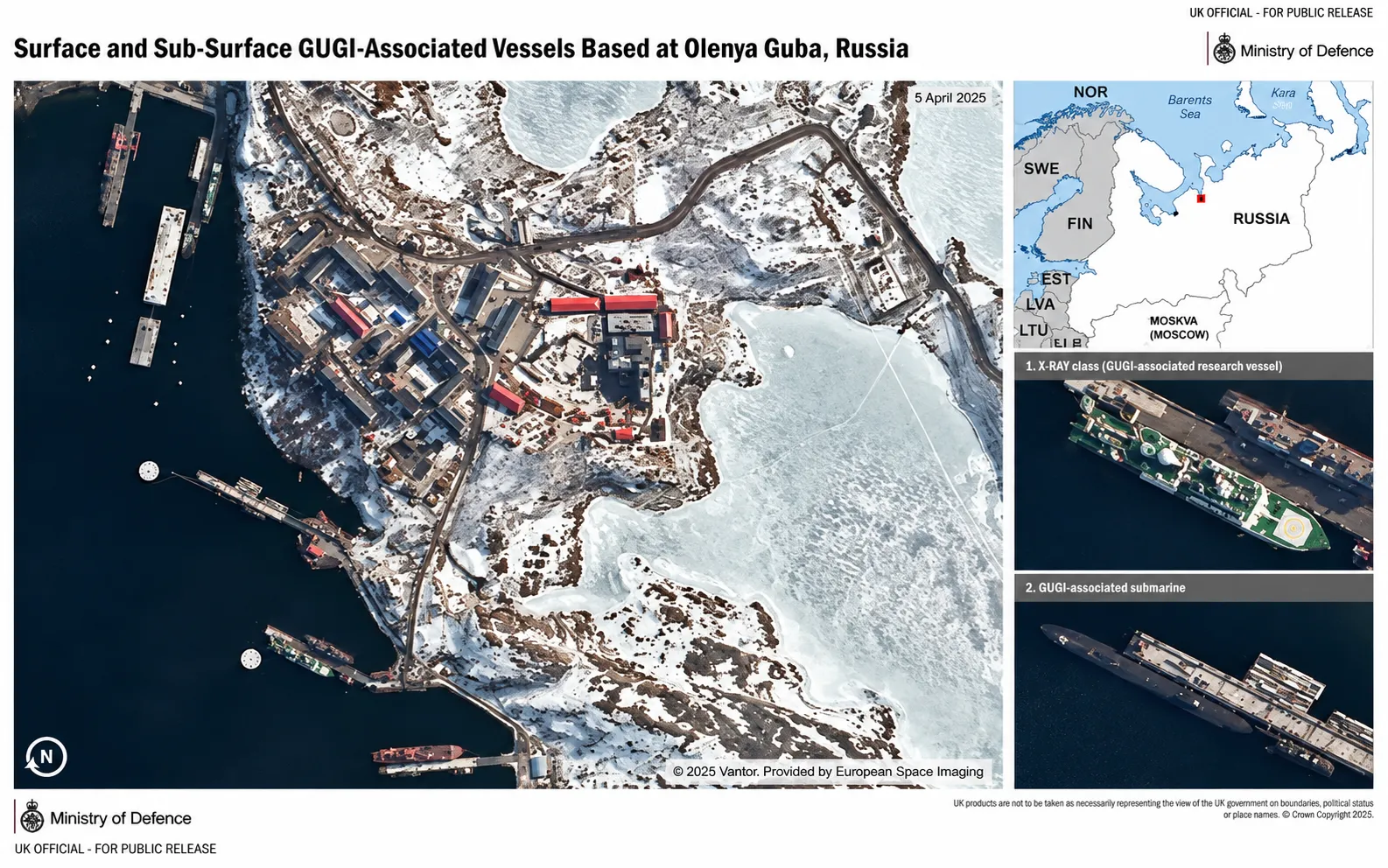 Надводные и подводные корабли ГУГИ, базирующиеся в Оленячей Губе, Россия.