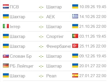 Расписание Шахтера в Лиге чемпионов
