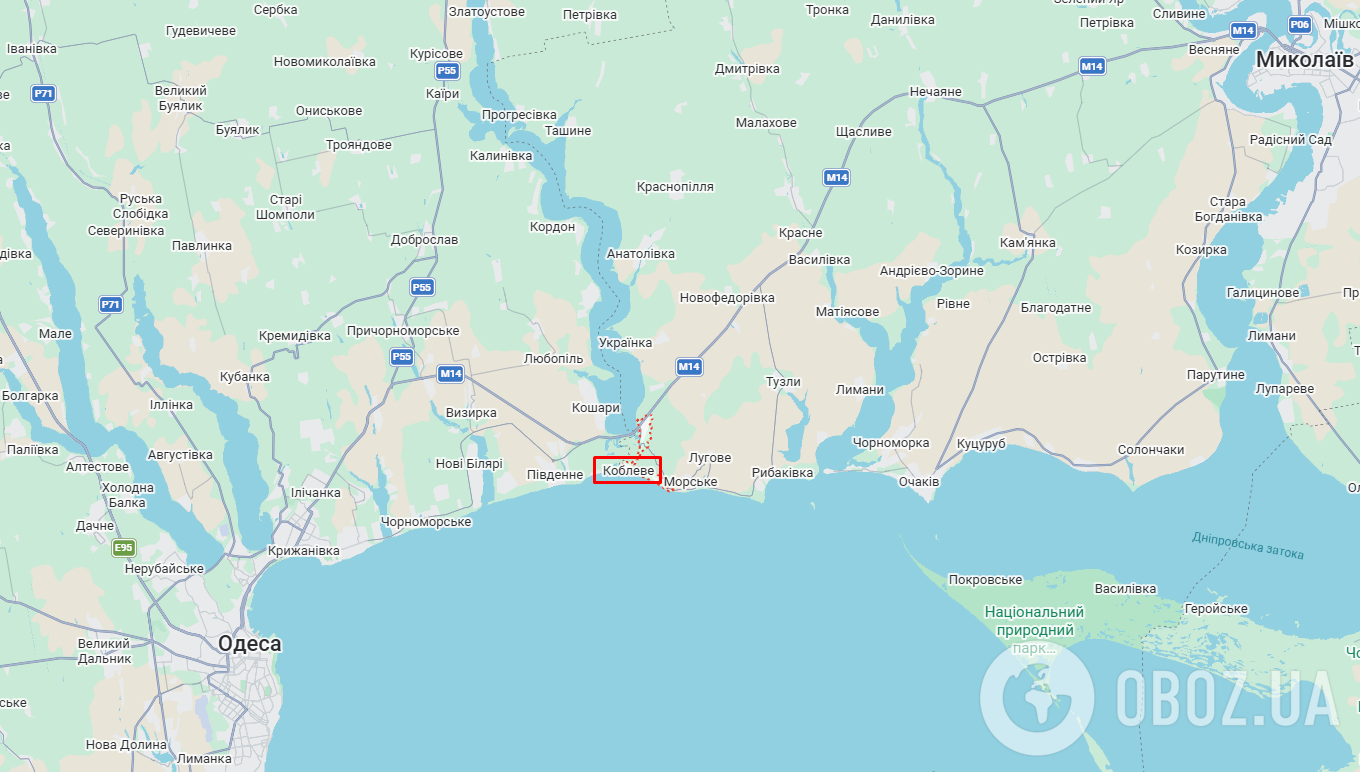 Село Коблеве на карті.