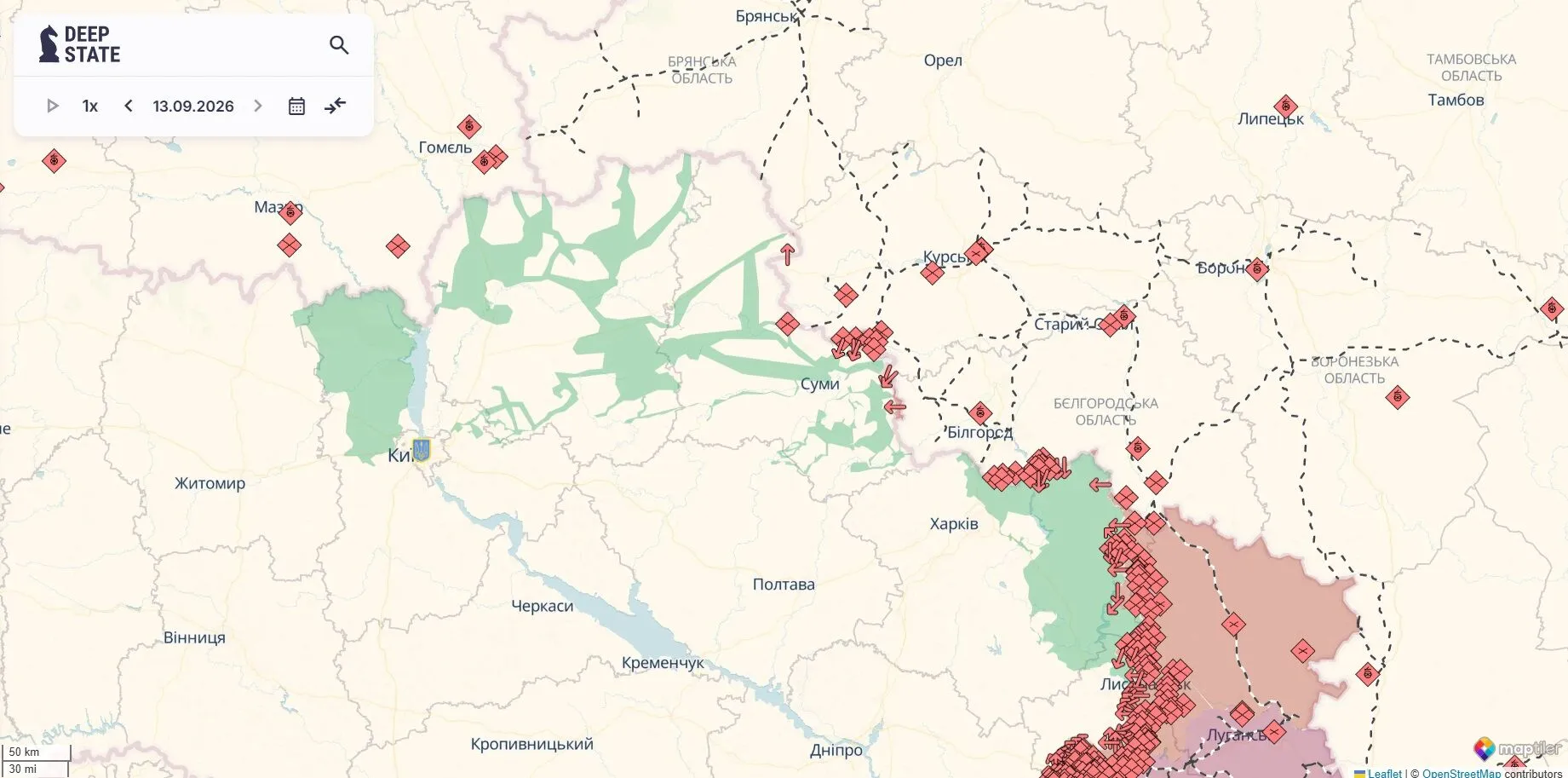 Карта боевых действий, север Украины.