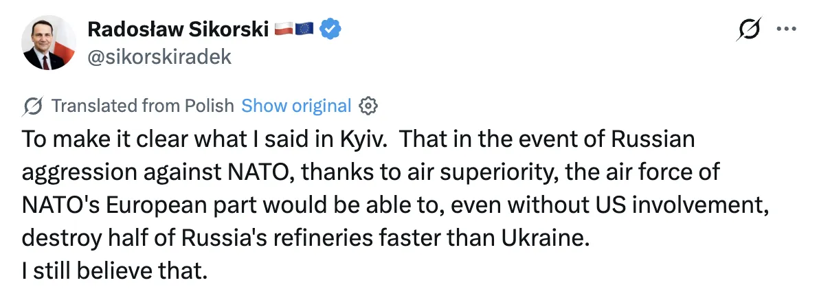 Допис Сікорського у соцмережі X.