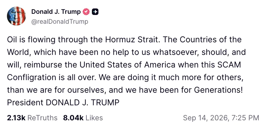 Скриншот поста Дональда Трампа в Truth Social.