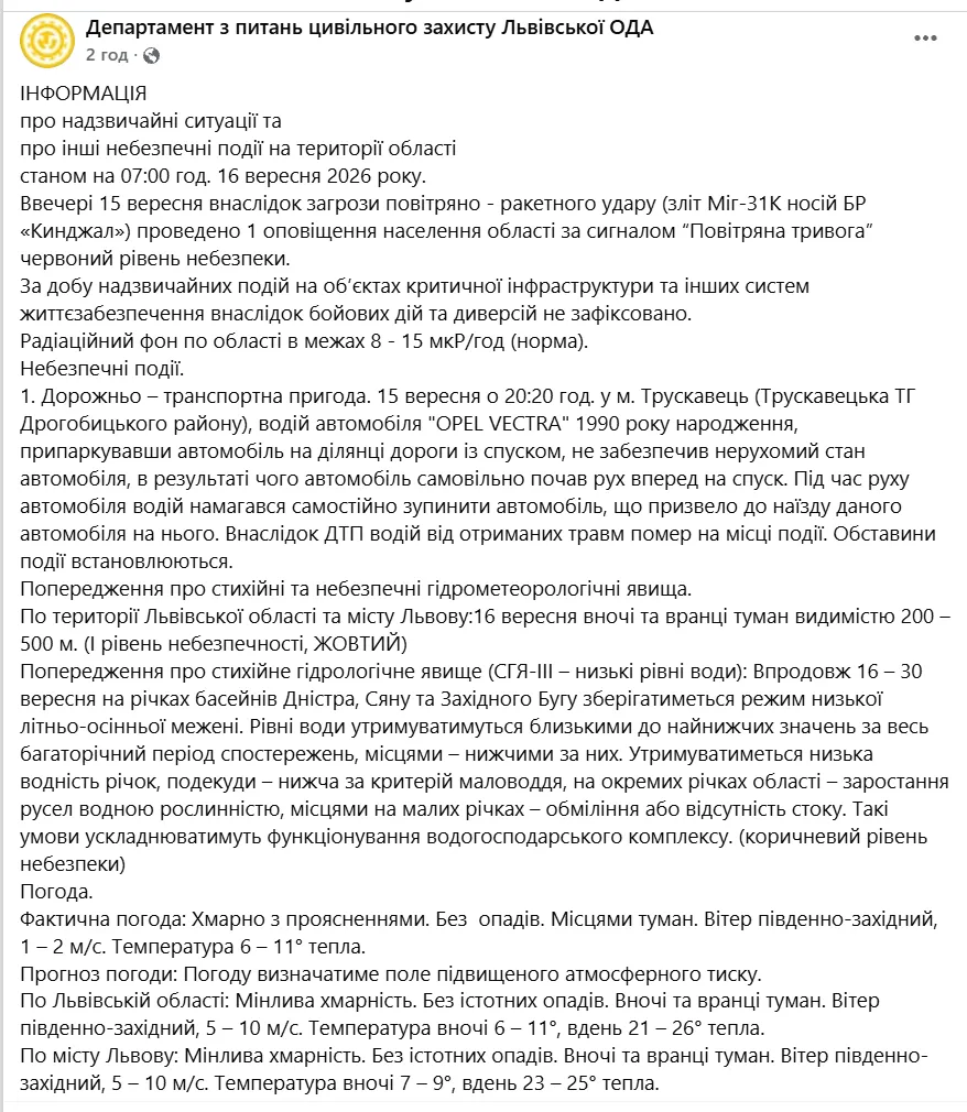Пост Департамента по вопросам гражданской защиты Львовской ОГА.