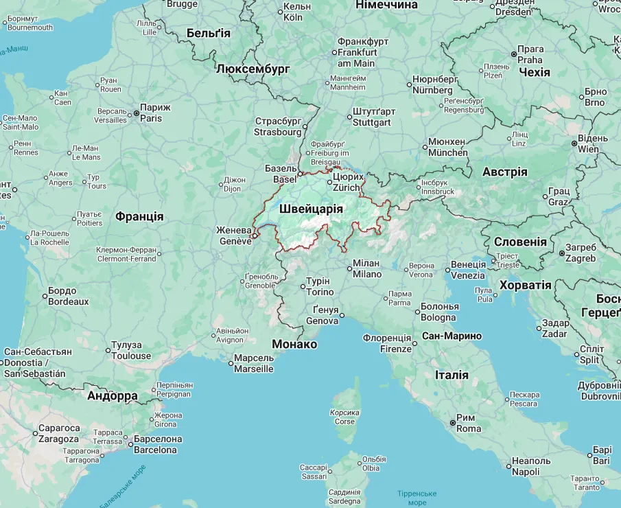 Швейцария на карте Европы