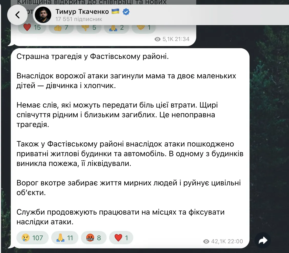 Скриншот сообщения Тимура Ткаченко в Telegram.